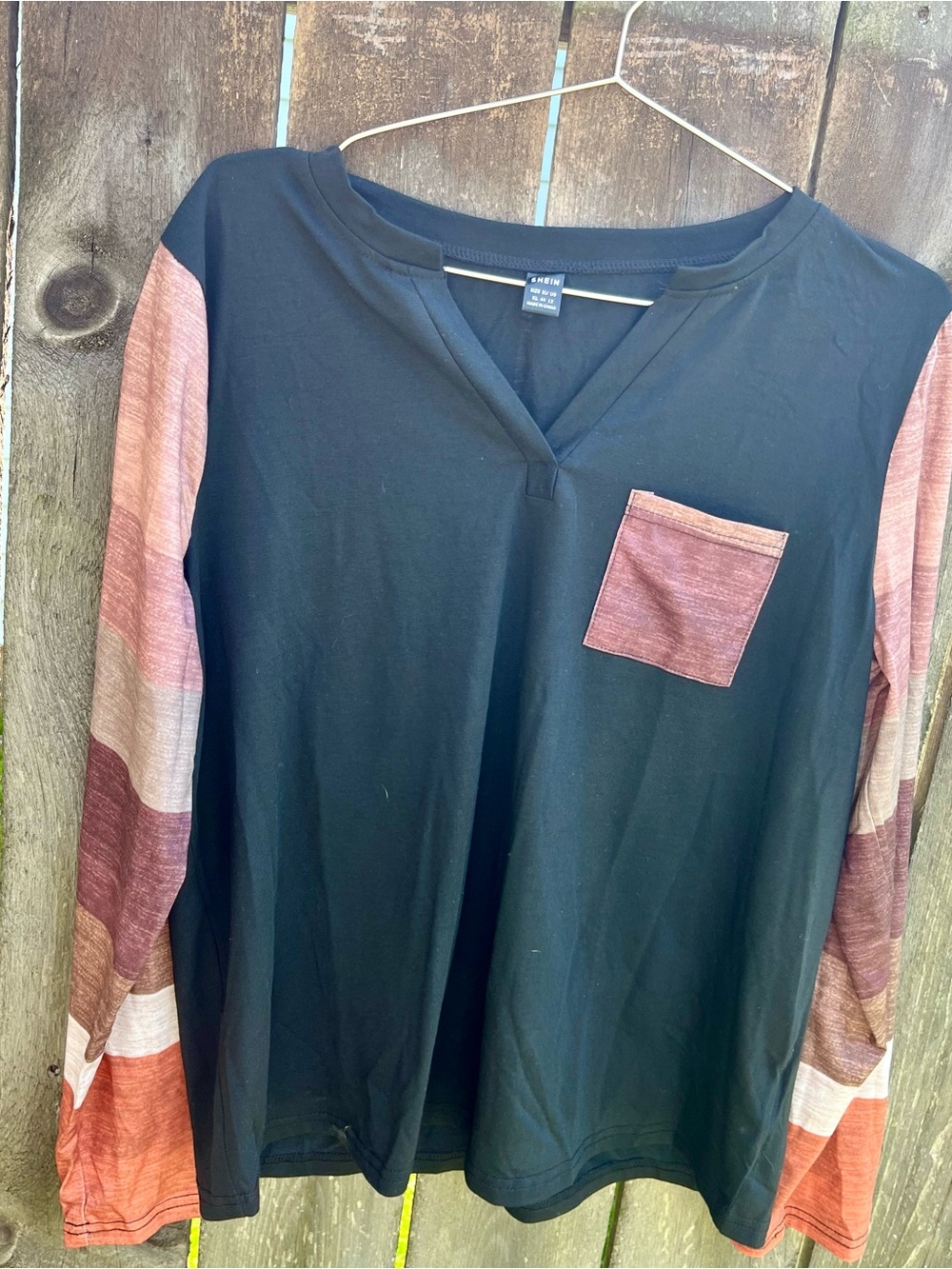Colorblock Striped Sleeve Notched Neck Top - XL